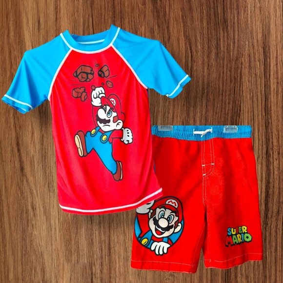Super Mario Swimsuit Set Swim Trunks Rash Guard Shirt Nintendo Boys Size 5/6 - Picture 1 of 9